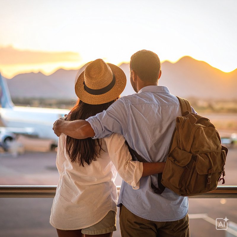 Paar steht im Sonnenuntergang und schaut auf Flugzeug